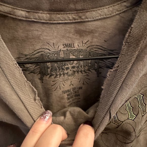 AFFLICTION Men's T-shirt Size Small Short Sleeve Distressed Brown Skull - Picture 4 of 4